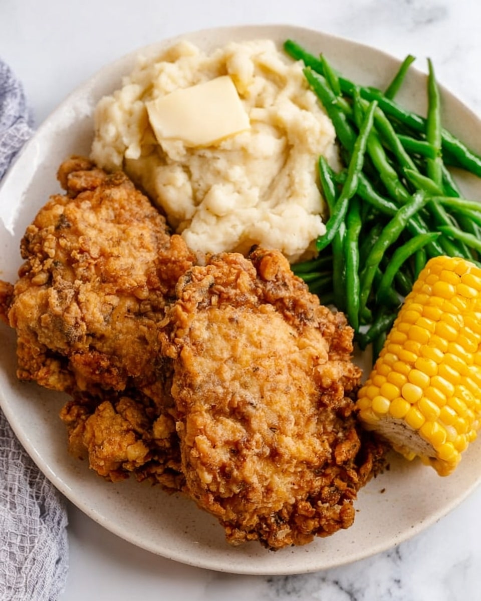The image shows a white plate with three main layers of food. Two large pieces of golden brown fried chicken with a crispy and textured surface are placed on the left side. Above the chicken, there is a large scoop of creamy mashed potatoes that is smooth and off-white in color. To the right of the mashed potatoes, there is a bunch of bright green steamed green beans that look fresh and firm. At the bottom right corner of the plate, a piece of yellow corn on the cob with shiny kernels is visible. The plate is set on a white marbled surface. Photo taken with an iphone --ar 4:5 --v 7