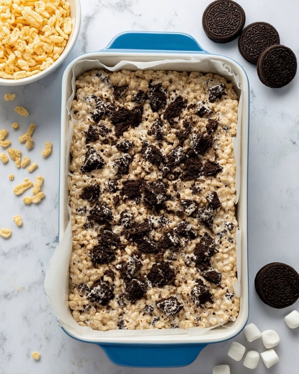 A rectangular blue baking dish lined with white parchment paper holds a mixed dessert bar. The dish is full of a creamy beige layer made of small puffy rice cereal clusters blended with mini marshmallows. Dark brown, roughly broken Oreo cookie pieces are scattered thickly and evenly on top, adding contrast to the beige base. Around the dish on a white marbled surface, there are three whole Oreo cookies on the right, a small white bowl filled with pale yellow crispy rice cereal on the top left, and some loose cereal pieces and mini marshmallows at the bottom right. The photo taken with an iphone --ar 4:5 --v 7