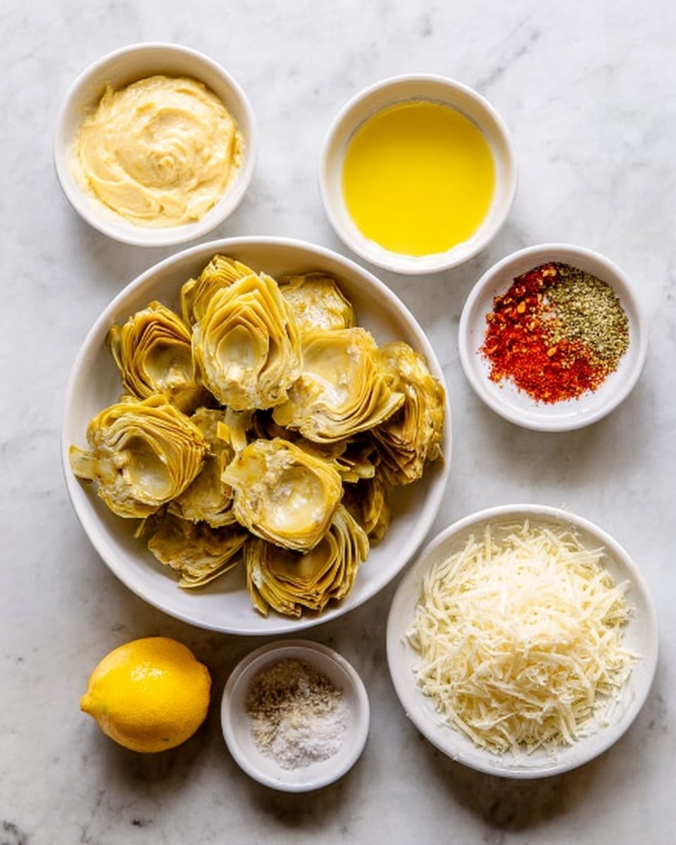 A white bowl in the center holds several artichoke hearts, pale yellow and layered with tender, soft textures. Surrounding the main bowl are five smaller white bowls: one contains a creamy light yellow spread with a soft texture, another has a smooth golden yellow liquid, and a third holds finely shredded white cheese. Another bowl shows a mix of bright yellow, red, and coarse white seasonings, and the last has a halved lemon with bright yellow flesh facing up. All bowls sit on a white marbled surface. Photo taken with an iphone --ar 4:5 --v 7