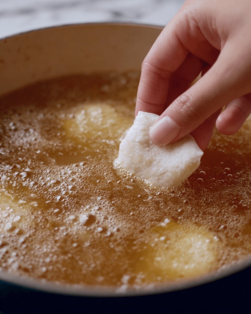 A close-up image shows a woman's hand holding a small, white square piece of dough just above a pot filled with light brown broth that has small bubbles floating on the surface. The dough piece appears soft and slightly wet, ready to be placed into the broth, which has a smooth and slightly oily texture. The scene is focused tightly on the interaction between the woman's hand and the bubbling broth below. The background surface is a white marbled texture photo taken with an iphone --ar 4:5 --v 7