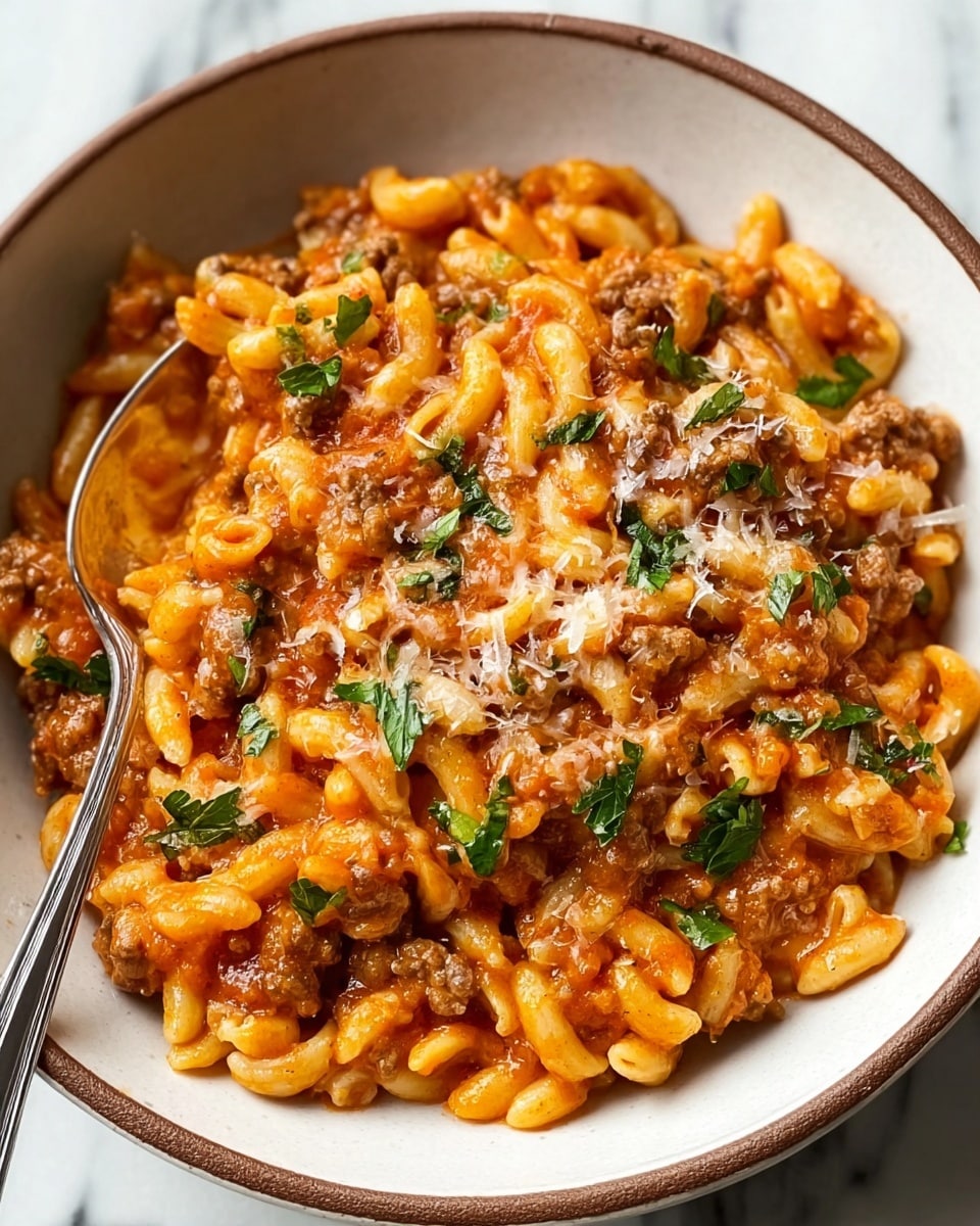 A close-up view of a white bowl filled with a saucy pasta dish, featuring small, rice-shaped pasta mixed with a thick, reddish-orange tomato sauce. Ground meat is scattered evenly throughout the pasta, adding a crumbly texture. Fresh green herbs are sprinkled on top for contrast, along with small shavings of light-colored cheese, giving a slightly creamy appearance. There is a spoon resting inside the bowl, and the background is a white marbled surface. Photo taken with an iphone --ar 4:5 --v 7