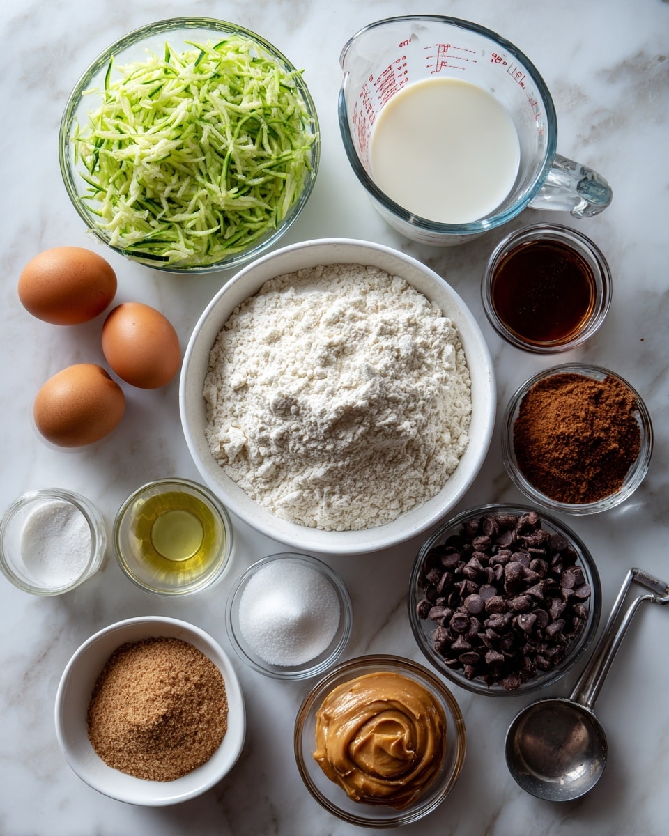The image shows a top-down view of various baking ingredients arranged neatly on a white marbled surface. In the center, there is a white bowl filled with white flour mixed with salt. Around the bowl, other ingredients are placed in small clear bowls and measuring cups: shredded green zucchini at the top left, a glass measuring cup with white milk at the top right, two brown eggs at the left, a small white bowl with light brown cinnamon below the eggs, a small white bowl with vanilla below the cinnamon, a glass measuring cup with clear oil at the bottom left, a small glass jar of light brown brown sugar at the bottom center, a small white bowl of golden peanut butter to the right of the brown sugar, a small white bowl filled with dark brown honey above the peanut butter, and a metal measuring spoon filled with dark brown chocolate chips to the right of the honey. Each ingredient is clearly labeled in black text on white blocks. Photo taken with an iphone --ar 4:5 --v 7