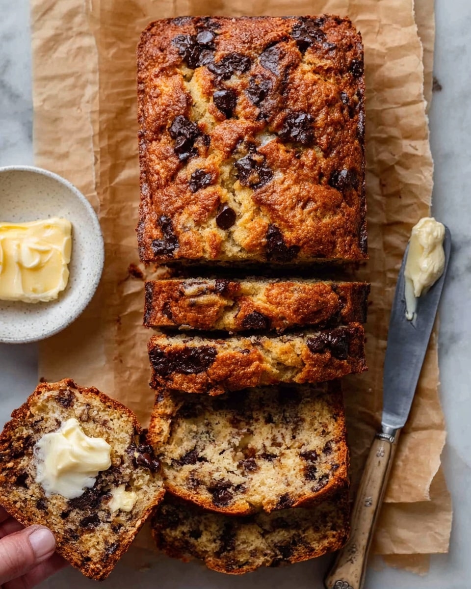 The image shows a loaf of sliced chocolate chip bread placed on brown parchment paper on a white marbled surface. The top layer of the bread is golden brown with uneven chunks and melted dark chocolate chips scattered throughout. Four thick slices are visible, with the loaf’s texture looking soft and moist inside while slightly crisp outside. One slice is torn in half with melted butter on it, and a woman's hand is holding the buttered piece. To the top left, there is a small white bowl with softened butter. A butter knife with some butter on its blade lies on the right side of the parchment paper. Photo taken with an iphone --ar 4:5 --v 7
