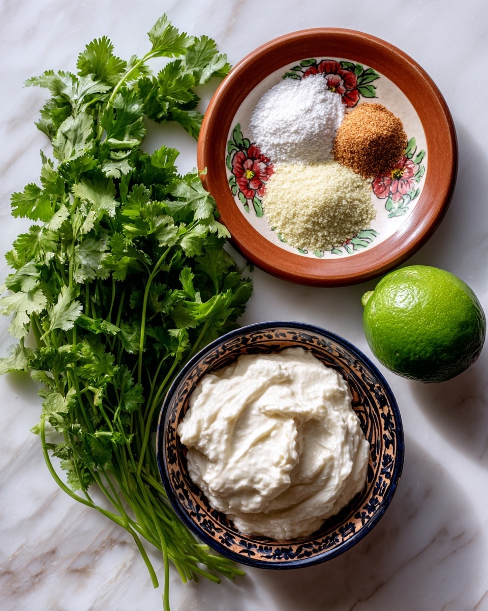 The image shows a collection of cooking ingredients arranged on a white marbled surface. In the center, there is a small round brown plate with painted flowers around the edge, holding three small piles of white and pale yellow powders labeled salt, onion powder, and garlic powder. To the right of the plate, there is a whole green lime. Below the lime, a decorative bowl with dark blue edges is filled with a thick, creamy white sour cream. On the left side of the image, a bright green bunch of cilantro lies spread out with its leafy tops and stems visible. The scene is brightly lit, showing clear textures of all items, with a simple clean setup. Photo taken with an iphone --ar 4:5 --v 7
