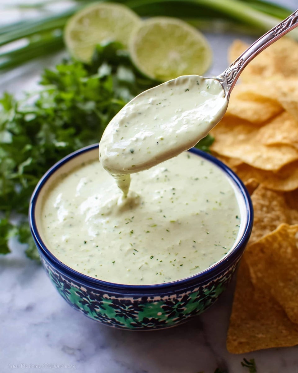 A close-up image of a spoon full of creamy light green sauce, held above a small bowl with dark blue, green, and white patterns, filled with more of the same sauce. Around the bowl are some tortilla chips, a bunch of fresh cilantro, green onion, and a halved lime. The whole scene is set on a white marbled surface with natural lighting that highlights the smooth, thick texture of the sauce. photo taken with an iphone --ar 4:5 --v 7