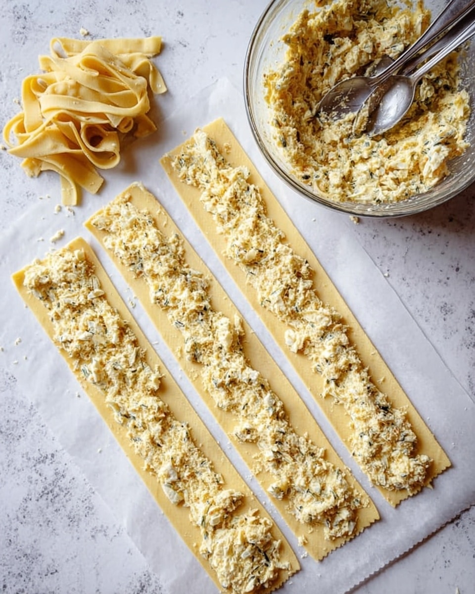 The image shows four long, flat sheets of pasta laid out on a white marbled surface. Each pasta sheet is evenly spread with a creamy, crumbly mixture that has a pale yellow color with small flecks of herbs or spices. Above the pasta strips, on the left side of the image, there is a small pile of folded pasta ribbons with a light yellow color and a slightly wrinkled texture. In the top right corner, a clear glass bowl holds some of the same creamy mixture, with two metal spoons resting inside. The scene is bright and clean. photo taken with an iphone --ar 4:5 --v 7