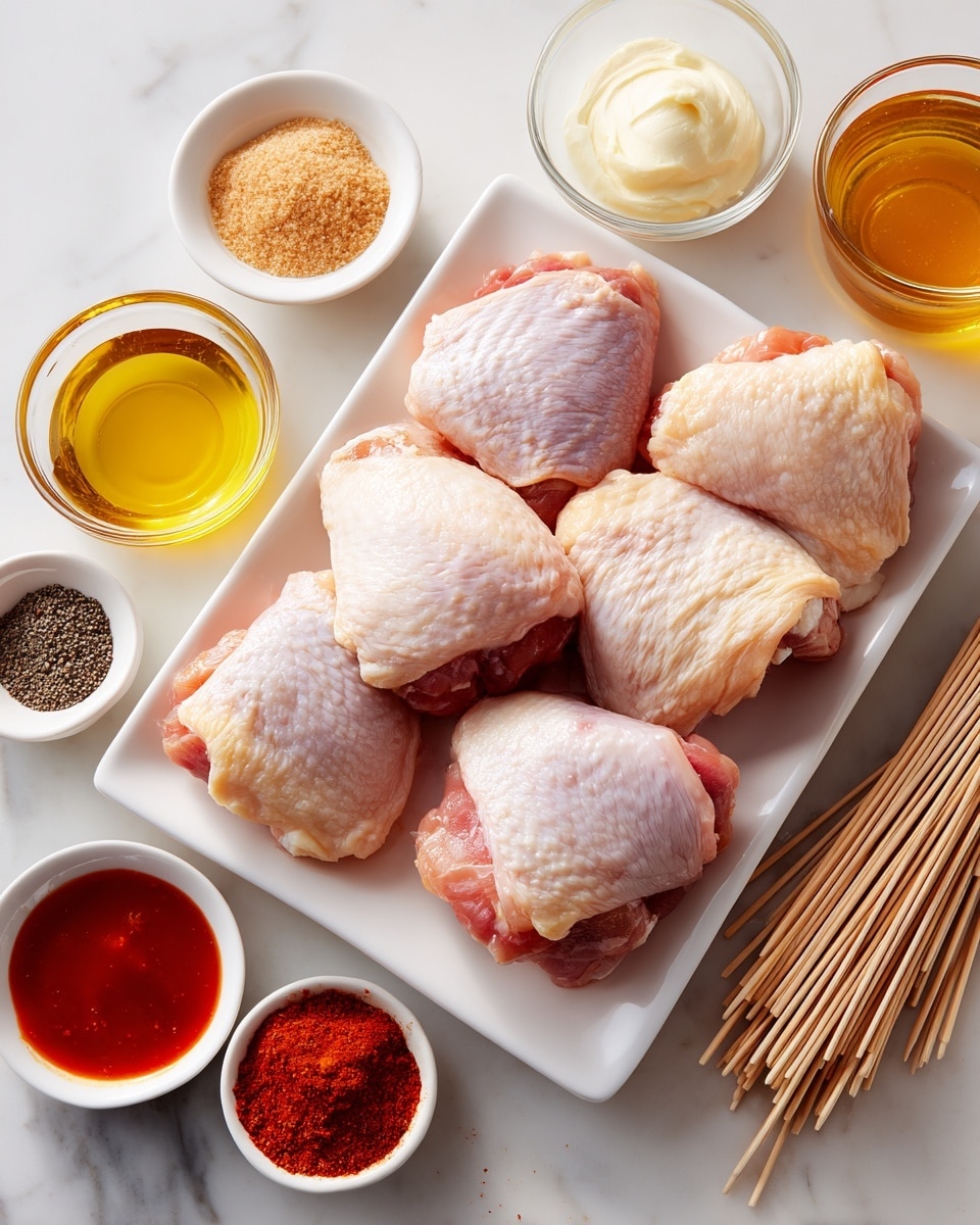 The image shows a white rectangular plate at the center holding six raw chicken thighs with pinkish skin and slight fat patches. Surrounding the plate on a white marbled surface are several small white bowls; one bowl holds light brown garlic powder, another has white salt, a third contains golden olive oil, and a fourth is filled with pale creamy mayonnaise. Other bowls contain vibrant reddish-orange paprika, dark black pepper in a glass bowl, bright red sweet chili sauce, translucent golden honey, and a small bowl with deep red sriracha sauce. To the right side of the plate, there is a neat bundle of light tan wooden skewers. The image is clean and bright, with all the ingredients clearly visible and arranged thoughtfully. photo taken with an iphone --ar 4:5 --v 7