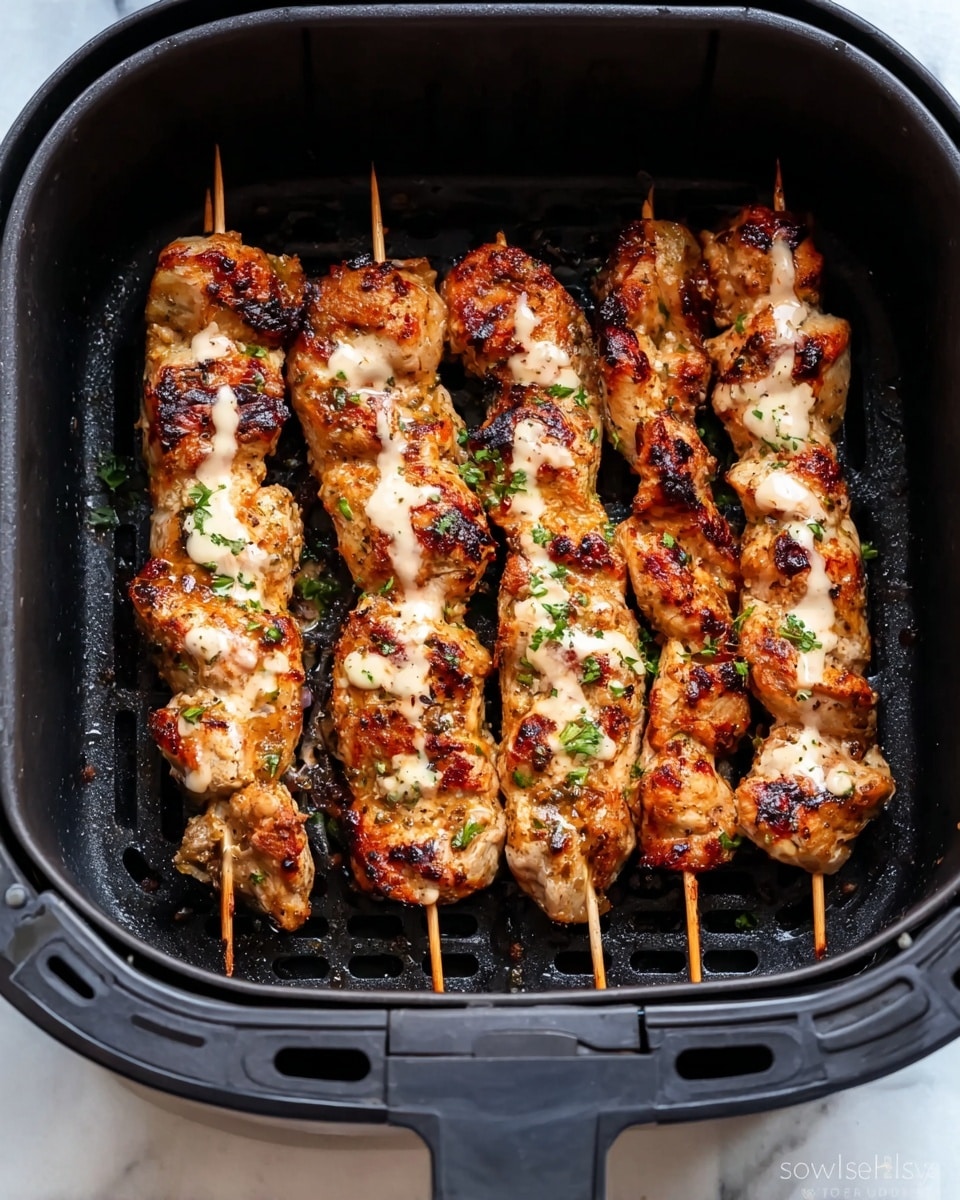 Five grilled skewers of chicken with a creamy sauce drizzled on top, arranged horizontally inside a black air fryer basket. The chicken pieces are golden brown with some charred spots and a textured surface, garnished with small green herbs. The skewers lie close to each other, filling most of the basket, which has a textured grill bottom. The air fryer is set on a white marbled surface. photo taken with an iphone --ar 4:5 --v 7