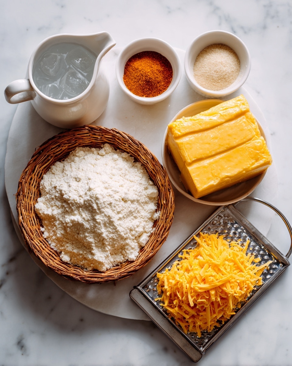 The image shows a flat lay of cooking ingredients arranged on a white marbled surface. In the top left, there is a small white jug filled with ice water. To the right of the jug, two small white bowls hold light orange seasoning salt and darker orange garlic powder. Below them, a round woven basket contains a heap of white all-purpose flour. To the left of the basket, there is a rectangular piece of pale yellow butter. On the bottom right, a block of bright yellow cheddar cheese rests on a silver metal grater. Each ingredient is clearly separated and easy to see, with a clean and bright look. Photo taken with an iphone --ar 4:5 --v 7