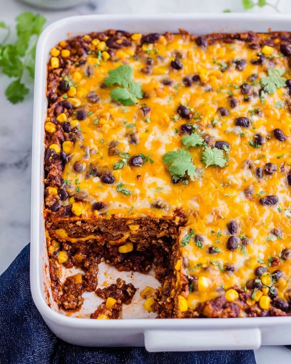 A white baking dish filled with a layered casserole showing a square piece removed from the corner. The bottom layer is dark brown cooked ground meat mixed with beans visible. The middle layer has bright yellow corn kernels scattered evenly across. The top layer is melted bright orange cheese sprinkled with black beans and small green herbs. A few green cilantro leaves sit on the surface as garnish. The casserole rests on a white marbled surface with a dark blue cloth partially visible under the dish. Photo taken with an iphone --ar 4:5 --v 7