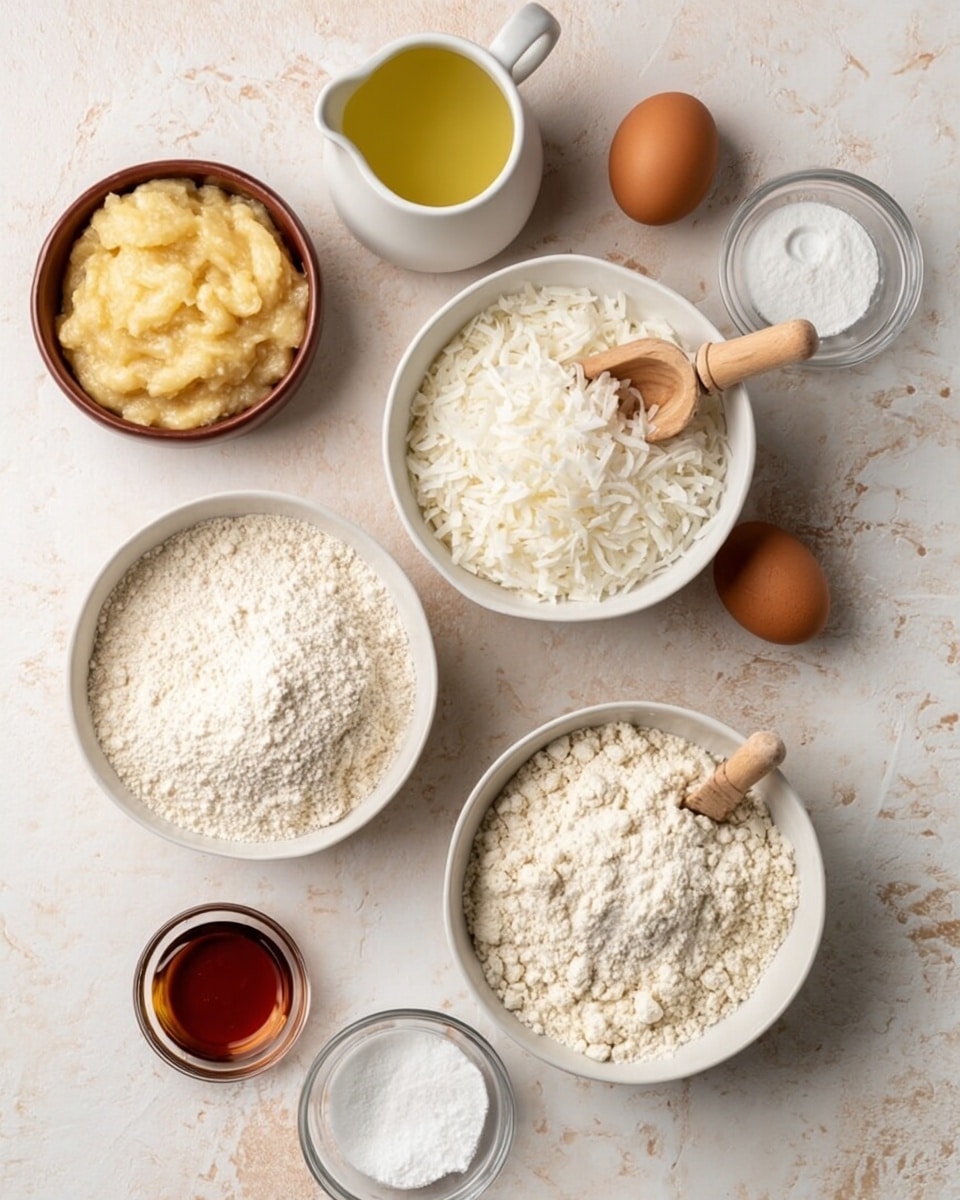 The image shows a baking setup with nine different ingredients placed on a white marbled surface. In the center are two white bowls: one filled with shredded coconut and the other with white flour, both having a small wooden scoop resting on top. Around these bowls, there is a brown bowl of mashed bananas, a bowl of white sugar, and smaller glass bowls containing salt, baking powder, and maple syrup. A single brown egg sits in a small white bowl. A white pitcher filled with a light yellow liquid, likely oil, is also part of the arrangement. The overall look is clean and evenly spaced, showcasing each ingredient clearly. Photo taken with an iphone --ar 4:5 --v 7