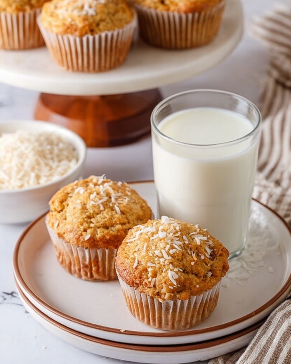 Three light brown muffins with shredded coconut pieces on top sit on a white plate with a thin brown rim. The muffins are in white paper liners, and a clear glass filled with white milk is placed behind them on the plate. In the background, there is a white bowl filled with shredded coconut and more muffins on a white cake stand with a brown wooden base. The surface is a white marbled texture, and a striped cloth is partially visible on the right side. Photo taken with an iphone --ar 4:5 --v 7