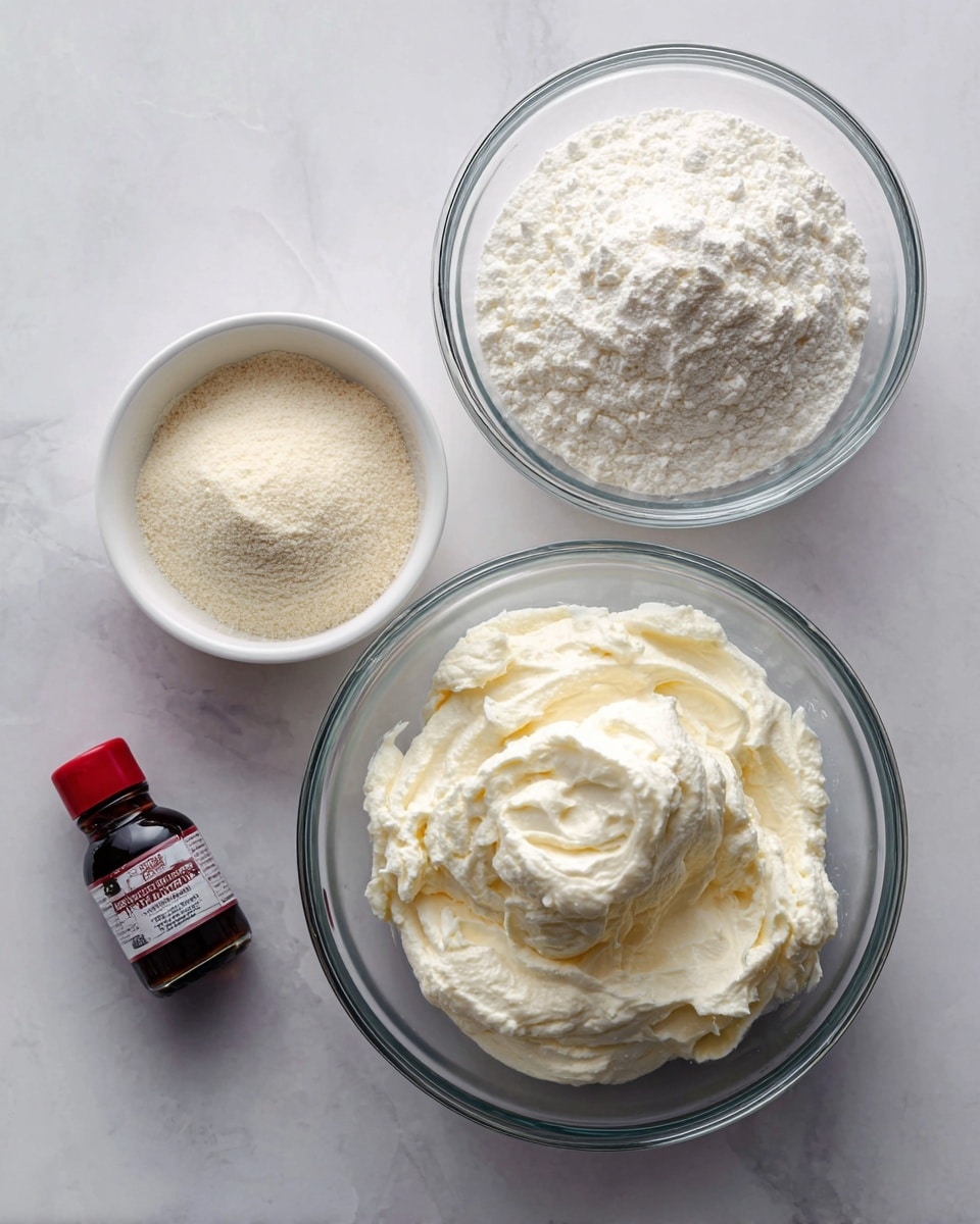 The image shows four ingredients arranged neatly on a white marbled surface. At the top right, there is a clear glass bowl filled with white instant vanilla pudding powder, having a fine, powdery texture. Below it, a larger clear glass bowl contains thick, creamy vanilla Greek yogurt, white in color with a smooth but slightly uneven surface showing soft peaks. To the left, a small white scoop holds light beige vanilla protein powder with a fine, soft texture. In the bottom left corner, there is a small dark bottle of vanilla extract with a red cap and a white label. The setup is clean and minimalistic, photo taken with an iphone --ar 4:5 --v 7