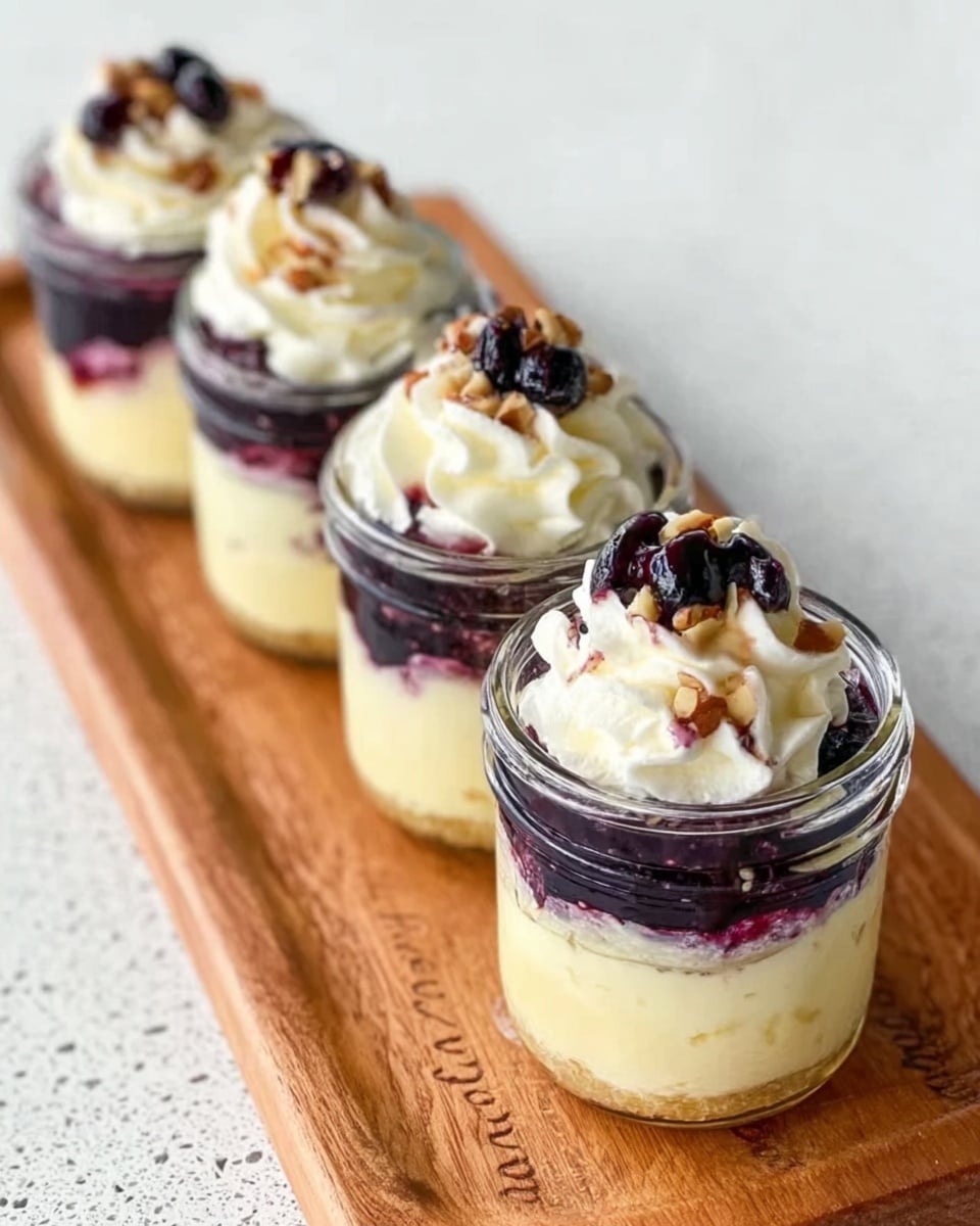 Four small clear glass jars are placed in a row on a wooden board with faint writing on it, which is over a white marbled surface. Each jar has three layers: the bottom layer is creamy pale yellow, creamy and smooth; the middle layer is dark purple, thick and slightly glossy; the top layer is a small swirl of white whipped cream topped with dark blueberries and small brown nut pieces. The jars are evenly spaced, and the scene is bright and clear. photo taken with an iphone --ar 4:5 --v 7