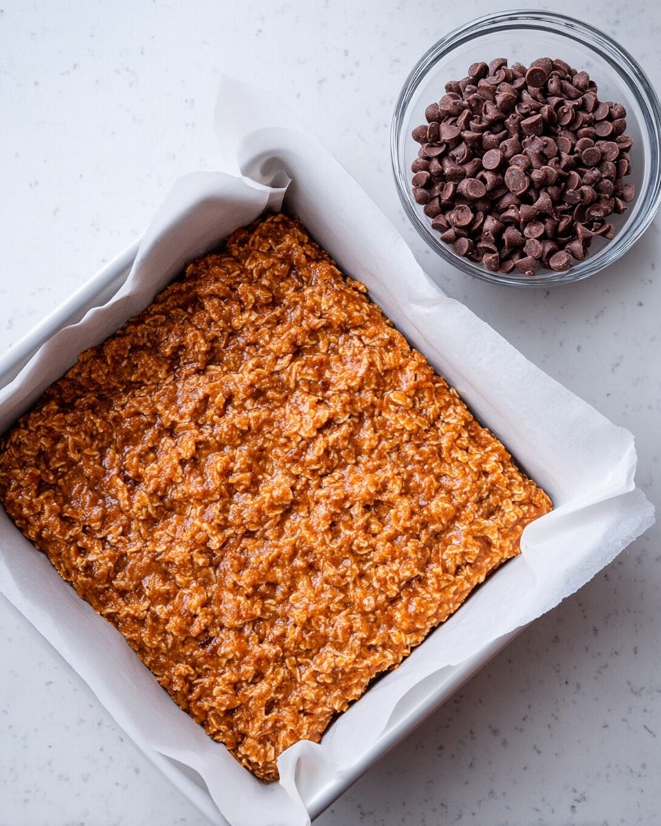 This image shows a square white baking tray lined with white parchment paper, filled with an unbaked mixture that is orange-brown with a rough, chunky texture. Next to the tray on the right side, there is a small clear glass bowl filled with dark brown chocolate chips. The whole setup is placed on a white marbled surface. photo taken with an iphone --ar 4:5 --v 7