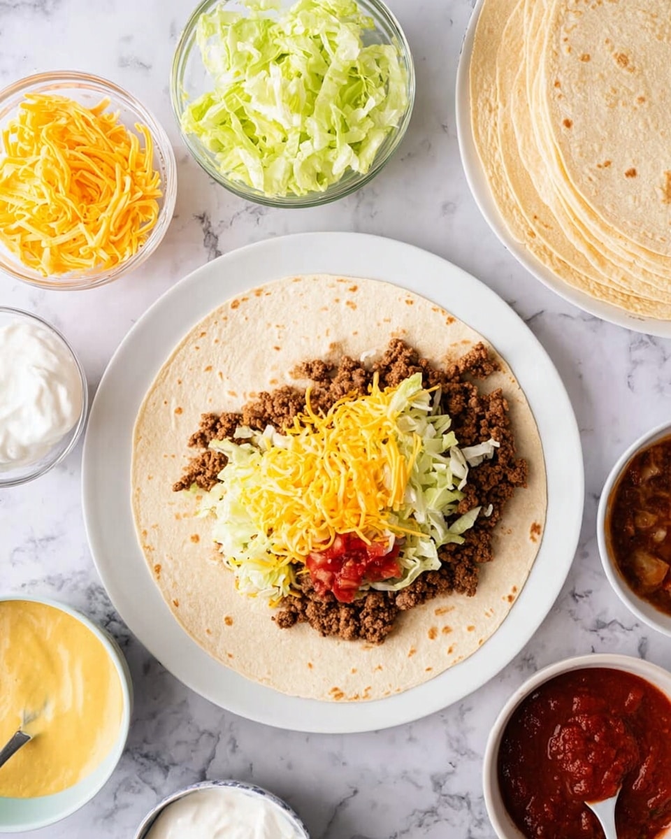 The image shows a white plate with a soft tortilla on it, topped with several layers: first, a layer of cooked ground beef with a brown, crumbly texture; next, light green shredded lettuce; then a dollop of white sour cream; on top of that, a small amount of red salsa is visible; finally, the dish is finished with a generous pile of shredded yellow cheddar cheese. Around the plate on a white marbled surface are bowls and plates holding extra ingredients: shredded lettuce, shredded cheddar cheese, cooked ground beef, yellow cheese sauce with a spoon, white sour cream, and a bowl of red salsa. To the top right, there are stacks of soft flour tortillas and round crunchy corn tortillas. The photo taken with an iphone --ar 4:5 --v 7