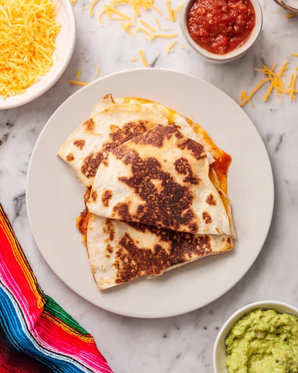 A quesadilla folded into a square shape sits on a white plate, with the tortilla showing dark brown grilled spots and slightly burnt areas. One corner reveals melted orange cheese peeking out. Around the plate on a white marbled background, there are small amounts of shredded yellow cheese scattered, a striped colorful cloth on the left, a small white bowl of red salsa above the plate, and another small white bowl of green guacamole on the right. photo taken with an iphone --ar 4:5 --v 7