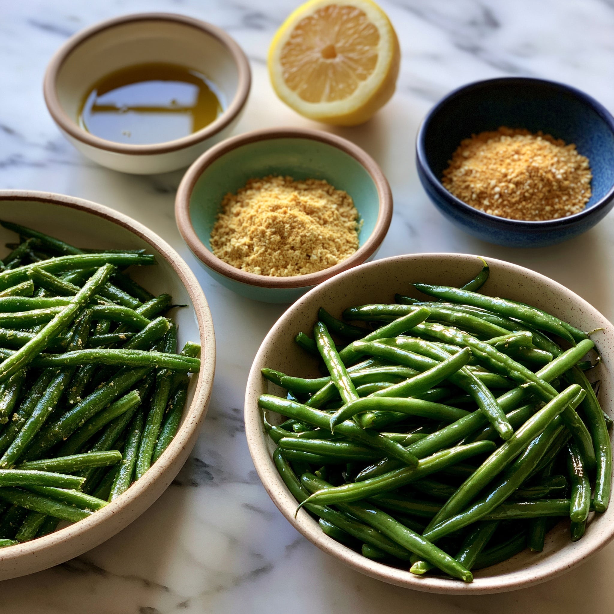 The image shows many green beans spread out on a baking sheet. Each bean is light green with a frosty, icy coating, giving them a crunchy, frozen look. The foamy texture covers the beans evenly, and they are arranged randomly but closely together all over the baking sheet. The baking sheet has a slightly worn and dark look with spots, adding contrast to the green beans. The background surface is a white marbled texture. photo taken with an iphone --ar 4:5 --v 7