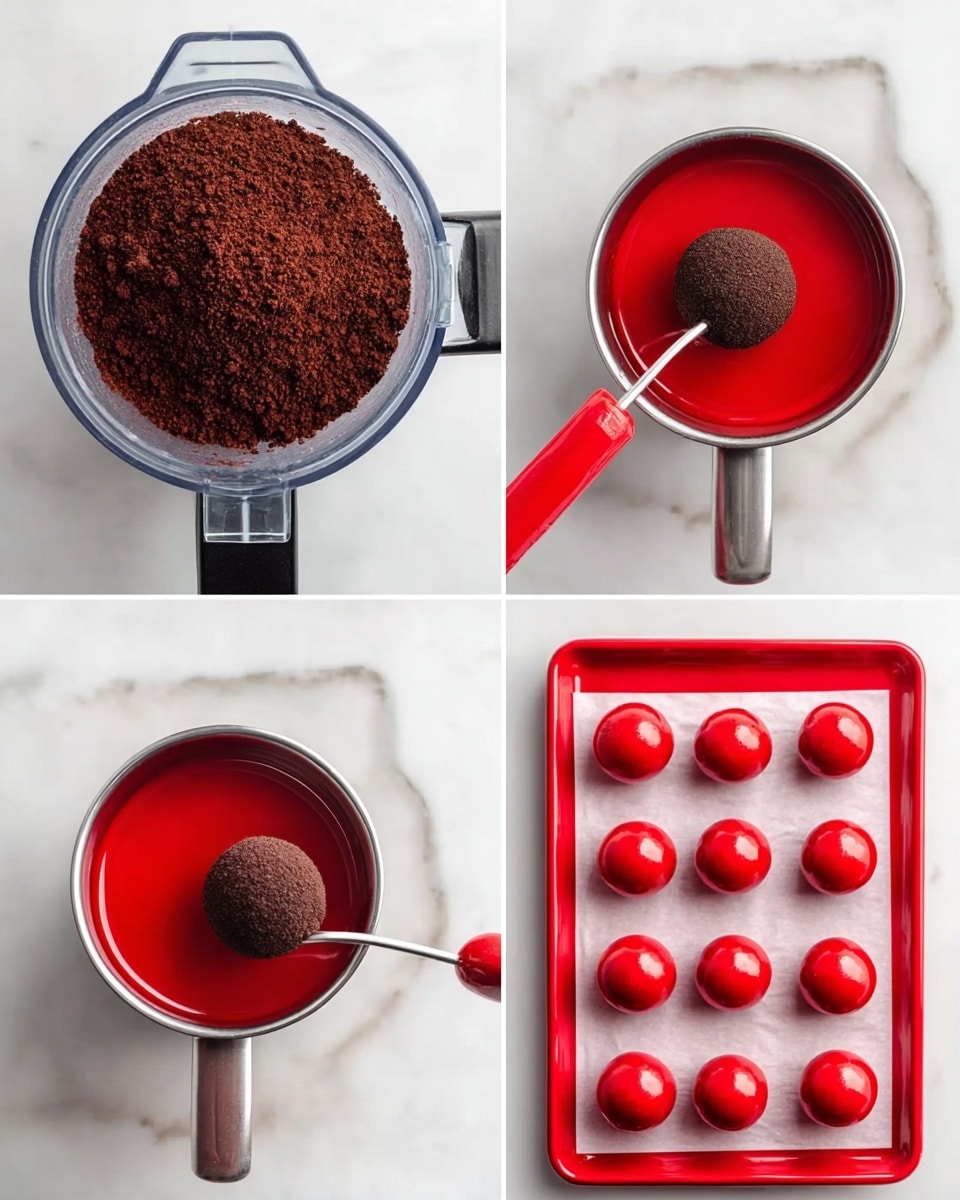 The image shows a four-step process for making red candy balls. In the first part, there is a top-down view of a clear food processor bowl filled with dark brown crumbs. The second part shows a small silver pot with bright red liquid. A silver fork holds one dark brown ball above the pot. The third part has the same pot and fork but now holds a red-coated ball, showing the ball dipped in the red liquid. The last part shows twelve shiny red balls neatly placed in a 3x4 grid on white parchment paper inside a rectangular red tray. The background is a white marbled surface. photo taken with an iphone --ar 4:5 --v 7