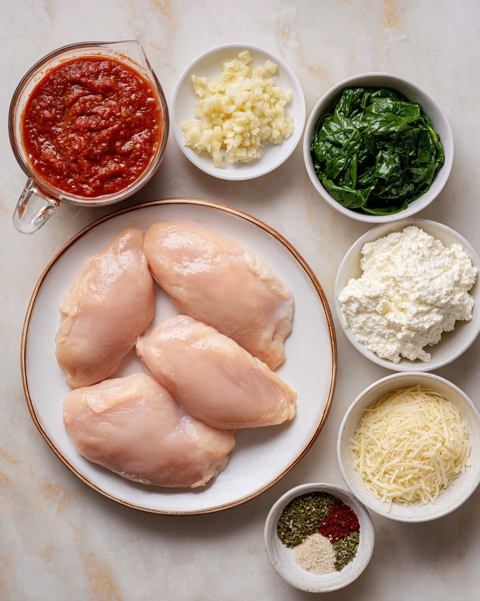 Three raw light pink chicken pieces lay on a white plate with a thin brown rim, placed on a white marbled surface. Around the plate, there are six small white bowls. One bowl holds crushed garlic with a pale yellow color, another is filled with bright green chopped spinach. A glass measuring cup contains thick red tomato sauce. One bowl is full of white ricotta cheese with a soft, creamy texture, and another contains finely shredded pale yellow cheese. The last bowl holds mixed dried spices, including red flakes, black pepper, salt, and green herbs. Photo taken with an iphone --ar 4:5 --v 7
