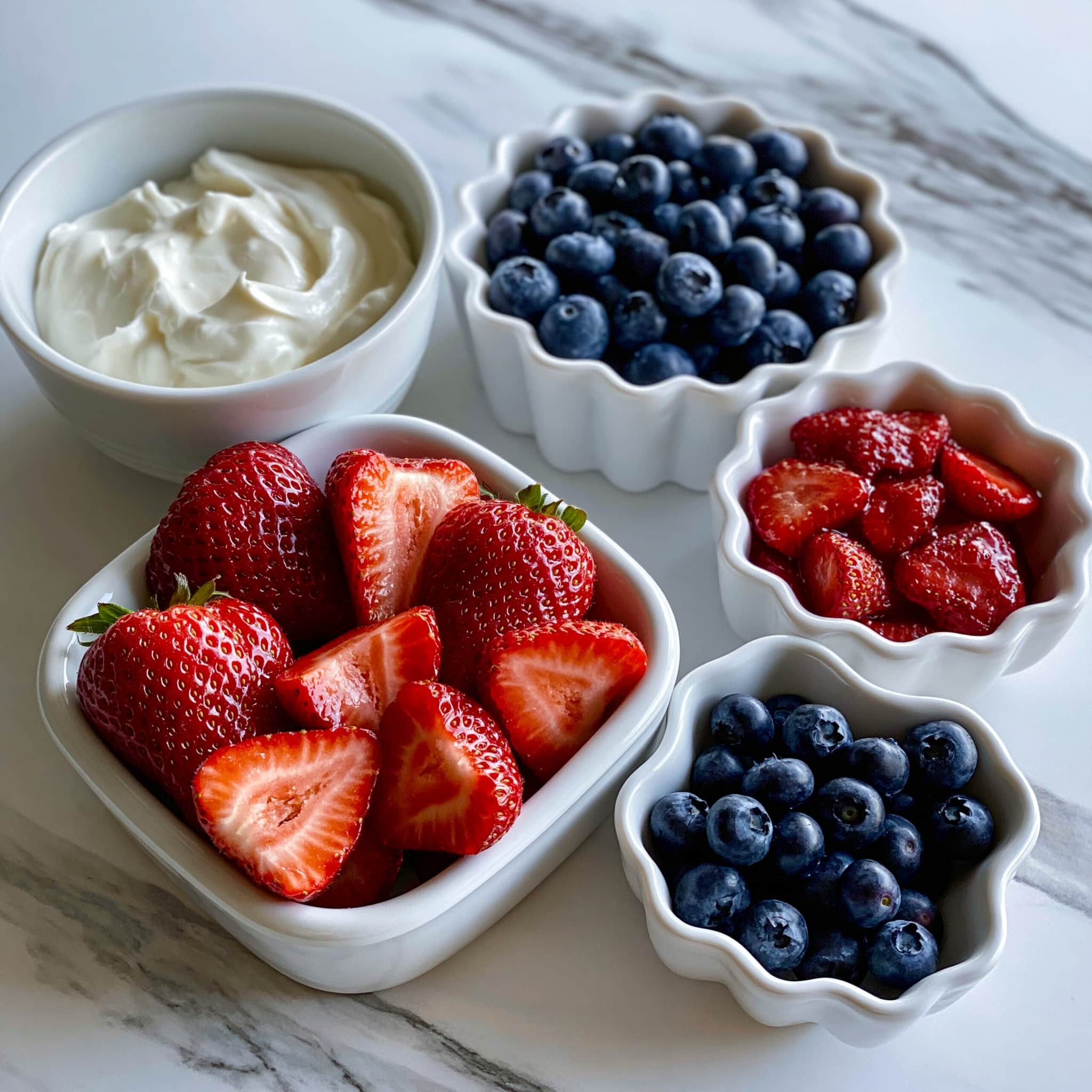 The image shows small bone-shaped frozen treats stacked closely together on a white marbled surface. Each bone-shaped item has a thick, creamy white outer layer that looks smooth and slightly frosty. Inside the white layer, there are bits of red and dark blue berries evenly spread, showing through the translucent white surface. The bone shapes have rounded edges and are tightly packed, creating a colorful mix of red, white, and blue tones throughout the image. photo taken with an iphone --ar 4:5 --v 7