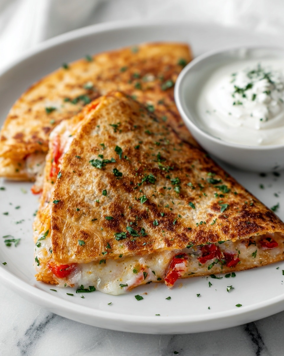 Two folded quesadillas with a golden brown crispy texture and melted cheese mixed with small pieces of red peppers inside are placed on a white plate with a white marbled texture. The top of the quesadillas is garnished with chopped green herbs scattered evenly. A small bowl of smooth, creamy white sour cream is placed next to the quesadillas on the plate. The background surface visible beneath the plate has a white marbled texture. Photo taken with an iphone --ar 4:5 --v 7