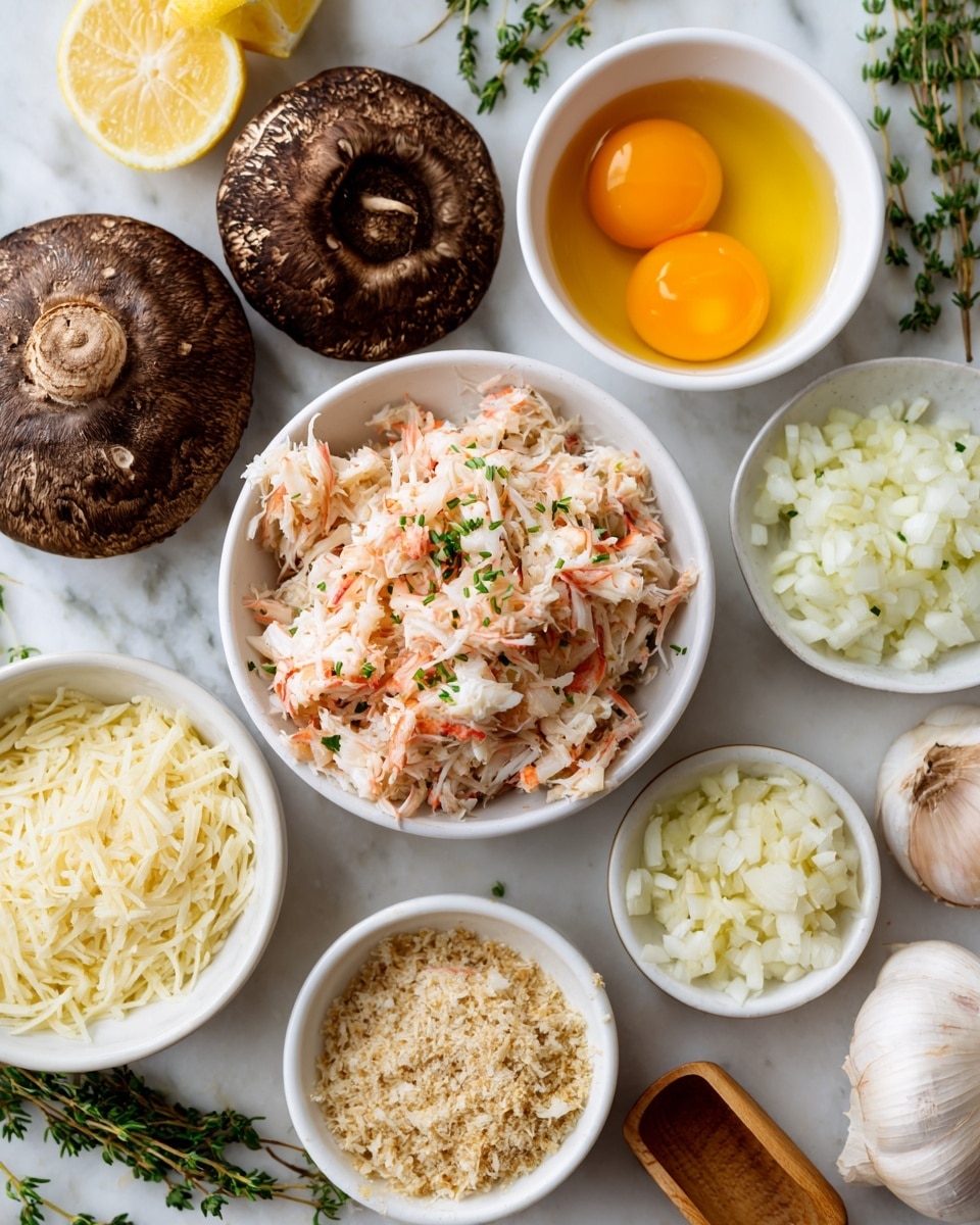 The image shows a top view of several small white bowls and containers arranged on a white marbled surface, each holding different ingredients. In the center is a white bowl filled with shredded crab meat, which is light pink and white in color. Nearby, there is a white bowl with a yellow-orange liquid labeled egg, and another small white bowl with chopped white onion pieces. A small white bowl has minced garlic. Near the bottom, a white bowl holds pale yellow shredded cheese, and a wooden scoop contains light tan panko crumbs. Two large portobello mushrooms, dark brown with textured caps, are placed at the top left and bottom right corners. Additional ingredients include green thyme sprigs and a halved lemon with bright yellow flesh placed near the top. Photo taken with an iphone --ar 4:5 --v 7