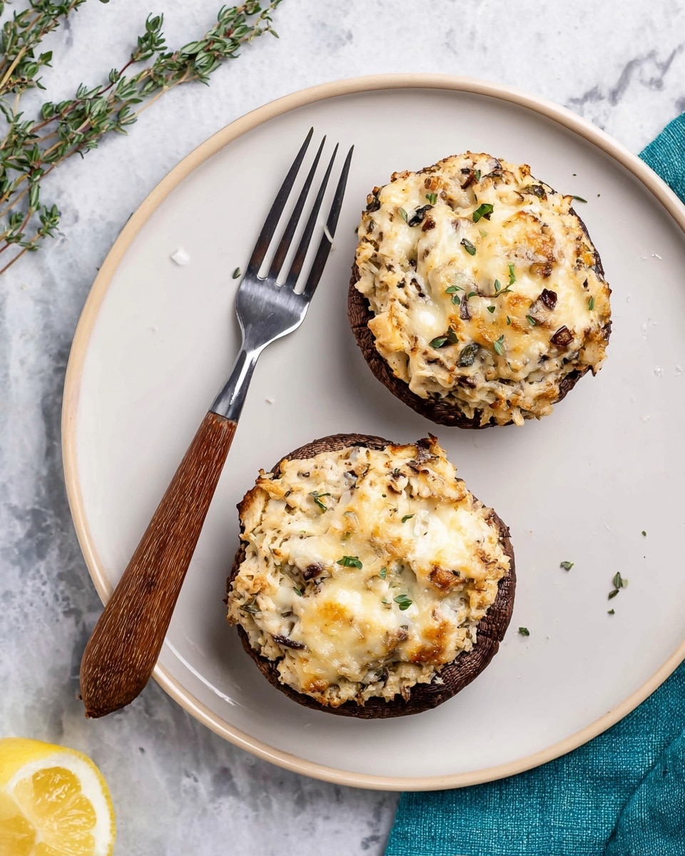 Two stuffed mushrooms sit on a white plate over a white marbled surface. Each mushroom has a dark brown cup-shaped base filled with a light beige mixture that includes small visible pieces of darker mushrooms and herbs, appearing slightly textured and baked to a soft finish. The stuffing is mounded over the mushroom edges, with the top showing a light golden brown color. Around the plate are three lemon wedges with bright yellow and white rinds and a few small green herb sprigs. Photo taken with an iphone --ar 4:5 --v 7