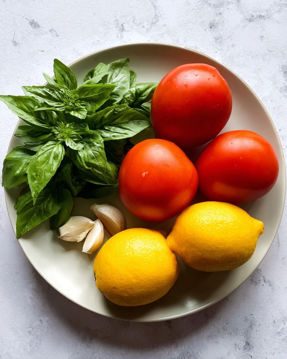 A white plate holds a simple arrangement of fresh ingredients: four smooth, red tomatoes sit near the top right, while two bright yellow lemons rest at the bottom. On the left, a cluster of green basil leaves adds a fresh touch, with two pale garlic cloves tucked behind the basil. The plate is placed on a white marbled textured surface. photo taken with an iphone --ar 4:5 --v 7