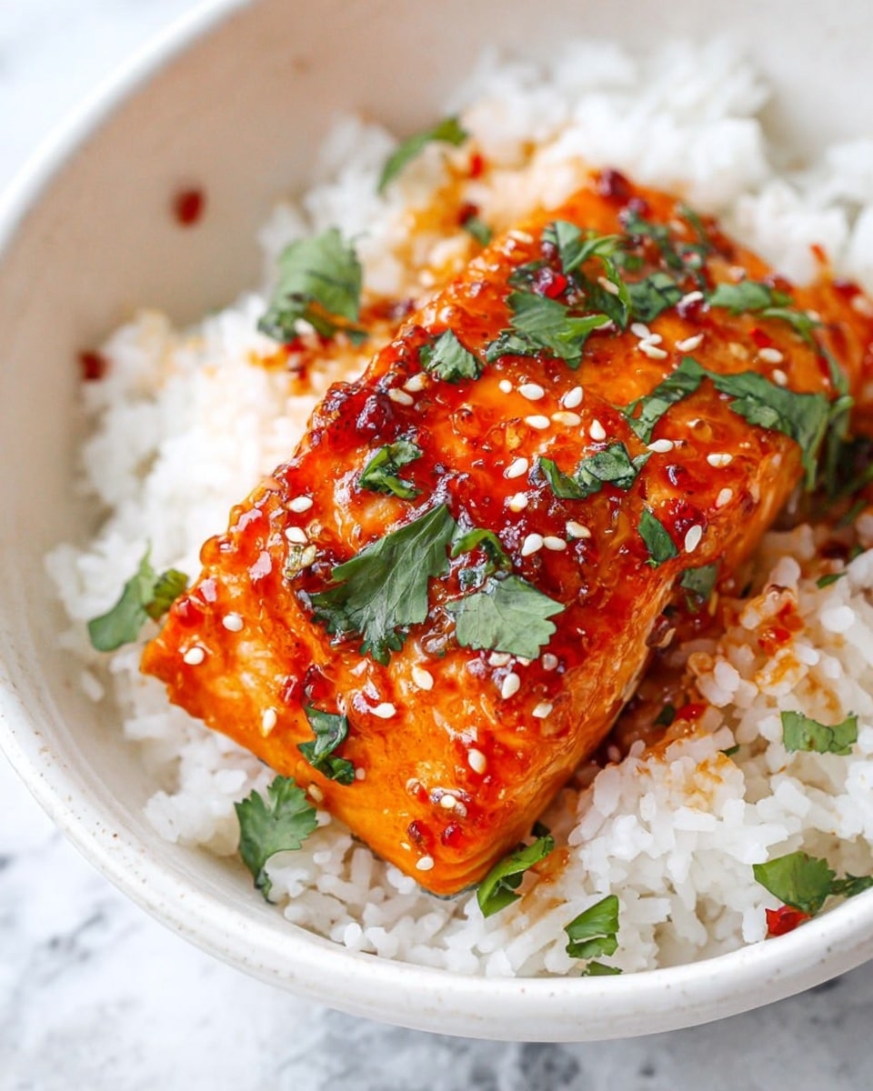 A white bowl filled with fluffy white rice forming the base layer. On top, there is a single, thick piece of cooked salmon with a bright orange glaze that looks sticky and shiny. The salmon is garnished with small green cilantro leaves and white sesame seeds scattered on the surface, adding texture and color contrast. The dish is set on a white marbled surface. Photo taken with an iphone --ar 4:5 --v 7