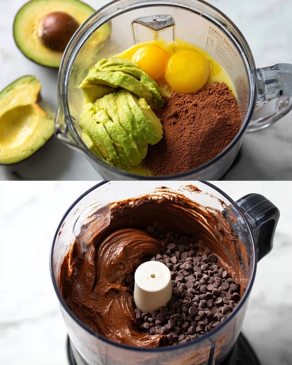 The first image shows a clear blender bowl filled with several layers of ingredients: two bright yellow egg yolks, two halves of green avocado with smooth texture, and a pile of fine brown cocoa powder on one side. The blender is placed on a white marbled surface with an avocado half and a small bottle nearby. The second image shows the blender bowl again, now containing a smooth, thick dark brown chocolate mixture. On top of this mixture, there is a layer of small, round, dark chocolate chips. A white spatula rests inside the bowl, with a white marbled surface and avocado halves nearby. photo taken with an iphone --ar 4:5 --v 7