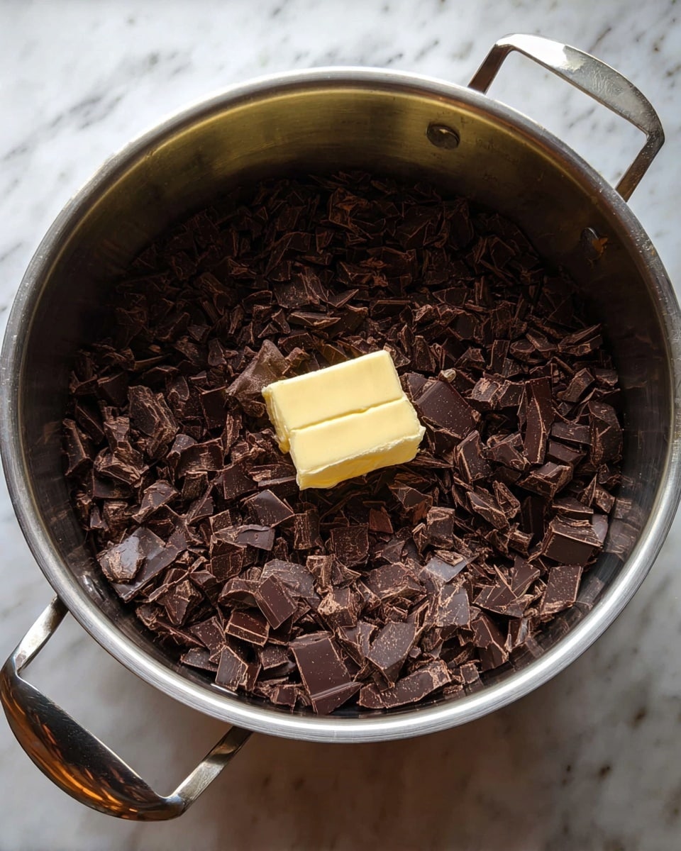 A large silver pot on a white marbled surface holds a single layer of small dark chocolate chunks spread evenly at the bottom, with one piece of light yellow butter placed slightly off-center on top of the chocolate. The inside of the pot has a smooth metal texture with light reflections. The scene is well lit, showing clear details of the chocolate and butter textures. photo taken with an iphone --ar 4:5 --v 7