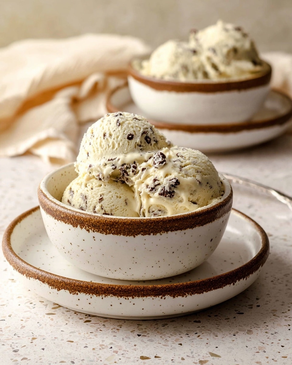 There are two white ceramic bowls with dark speckles, each holding two scoops of creamy vanilla ice cream mixed with small, dark chocolate pieces. The bowls sit on matching white ceramic plates with a thick, brown textured rim. The front bowl is in clear focus, showing smooth, rounded scoops with visible chocolate bits, while the second bowl is blurred in the background. Everything is placed on a light beige speckled surface with a white marbled texture, and a soft beige cloth is slightly visible in the background. photo taken with an iphone --ar 4:5 --v 7