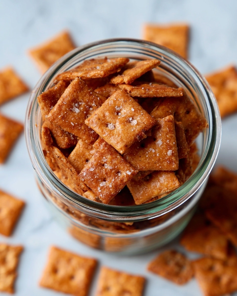 A clear glass jar filled with small, square-shaped crackers that have a reddish-brown color and a slightly crisp texture. The crackers are stacked loosely inside the jar, showing some salt crystals on their surface. Around the jar, a few crackers are scattered on a white marbled surface, adding depth to the image. The light highlights the uneven surface and edges of the crackers, giving them a crunchy appearance. Photo taken with an iphone --ar 4:5 --v 7
