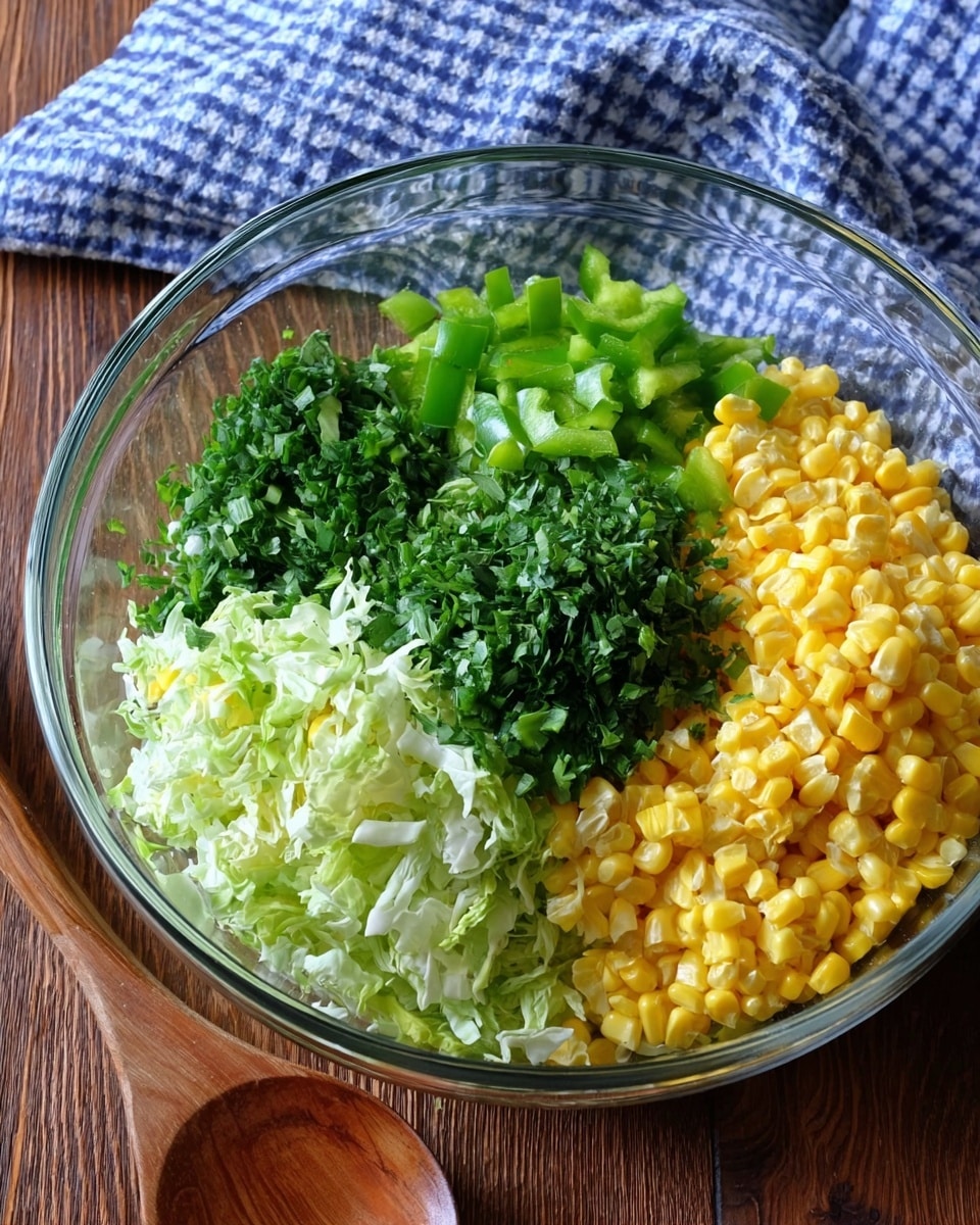 A clear glass bowl on a wooden surface holds four distinct piles of fresh ingredients. One pile shows bright yellow corn kernels on the right side, next to a mound of finely chopped green bell pepper at the top. Below the pepper is a pile of fresh green herbs, and to the left is a layer of finely chopped light green cabbage with curly edges. A blue and white checkered cloth and a wooden spoon are partially visible beside the bowl. photo taken with an iphone --ar 4:5 --v 7