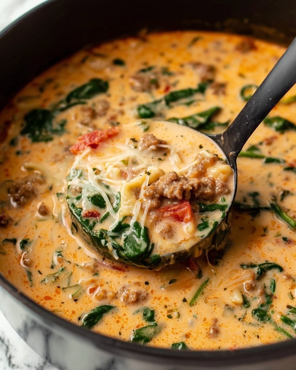 The image shows a close-up of a creamy soup in a black pot, with a black ladle lifting some of the soup. The soup is thick with a light orange cream color and has visible layers of ingredients including green spinach leaves, small chunks of browned meat, bits of red tomato, and some yellow or beige small pasta pieces all mixed together. The soup texture looks smooth yet chunky with a mix of colors spread evenly. The background is a white marbled texture. Photo taken with an iphone --ar 4:5 --v 7