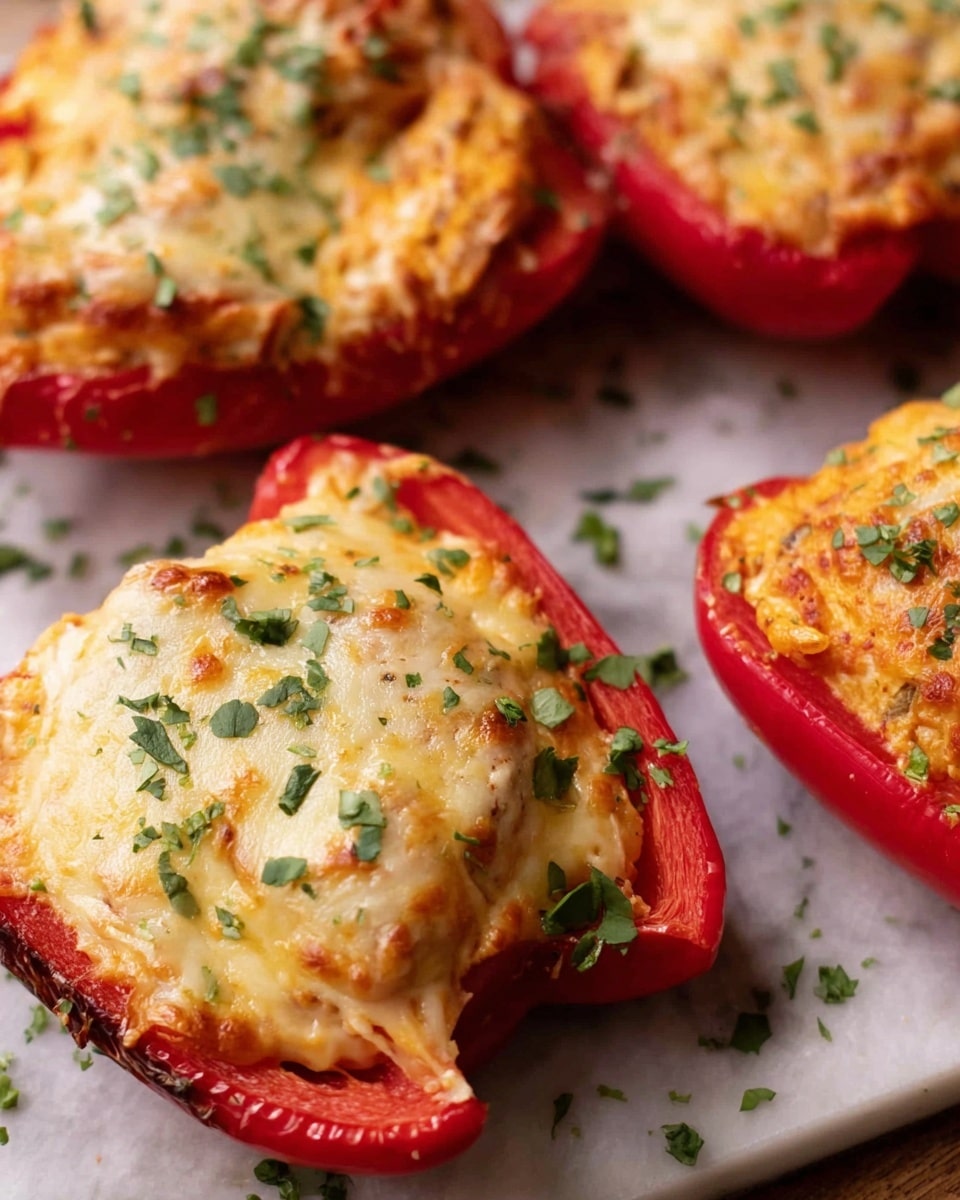 The image shows four red bell pepper halves lying on a white marbled surface, each filled with a thick layer of cheesy mixture. The bottom layer is the bright red pepper skin, with a creamy filling that is topped by a golden, melted cheese crust sprinkled lightly with small, finely chopped green herbs. The cheese has a textured, bubbly look, and the peppers are positioned close together, filling the frame with a warm mix of red, yellow, and green tones. Photo taken with an iphone --ar 4:5 --v 7