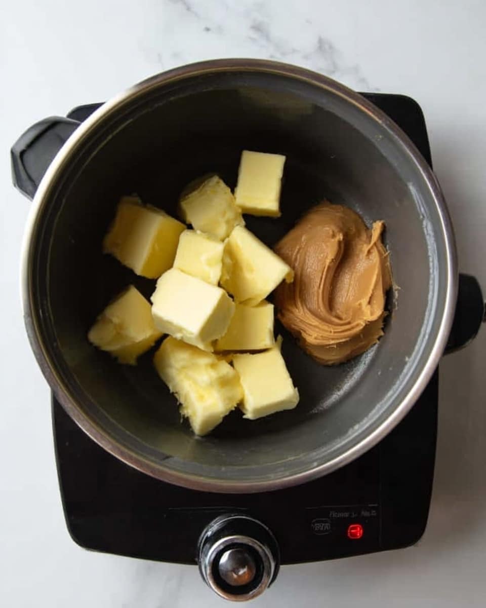 Inside a small dark gray pot, there are several small cubes of pale yellow butter arranged on one side and a smooth dollop of light brown spread placed next to them. The pot sits on a black electric cooking surface with visible dials, all set against a white marbled background. Photo taken with an iphone --ar 4:5 --v 7