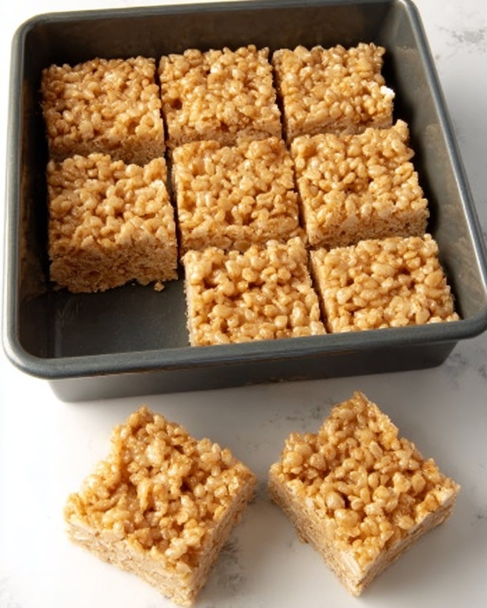 The image shows a dark gray baking pan filled with nine square crispy rice treats, arranged tightly in a 3x3 grid. Outside the pan, on a white marbled surface, are two more square crispy rice treats placed close together in front of the pan. The crispy rice treats are light brown with a textured, crunchy surface and visible puffed rice pieces all over. The tray and treats are well lit, with no other items in the frame. Photo taken with an iphone --ar 4:5 --v 7