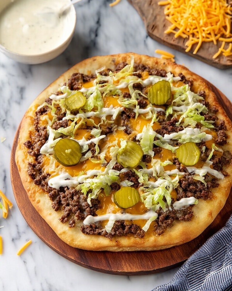 A round pizza with a thick golden crust sits on a wooden board over a white marbled surface. The first layer is a base of melted yellow cheddar cheese, followed by a layer of cooked ground beef spread evenly across the whole pizza. On top, there are thin strips of light green lettuce placed randomly with several slices of medium green pickles scattered around. The pizza is drizzled with a creamy white sauce in irregular spots. In the background, there is a white bowl with a creamy sauce and a wooden board with shredded cheddar cheese, all on the white marbled surface. Photo taken with an iphone --ar 4:5 --v 7