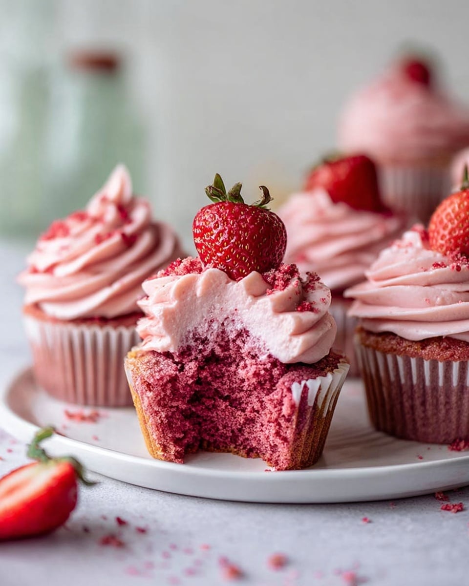 The image shows several pink cupcakes placed on a round white plate, all with one pink cupcake in the center that has a bite taken out of it. Each cupcake has two main layers: a dense, moist pink cake base and a swirl of smooth pink frosting on top, which is decorated with small red crumbs and a fresh half strawberry standing upright. The background is a soft white with blurred bottles and additional cupcakes out of focus. The setting is a white marbled surface with scattered small red crumbs and a whole strawberry near the bottom left corner, and a woman's hand is not directly visible but implied in the arrangement. photo taken with an iphone --ar 4:5 --v 7