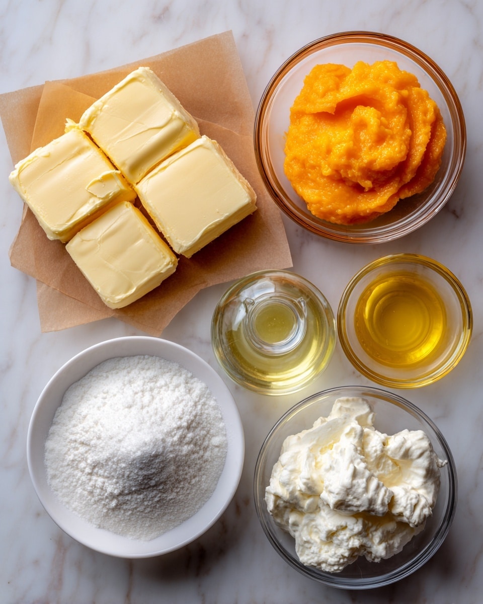 The image shows seven different ingredients arranged separately on a white marbled surface. At the top left, there are two rectangular blocks of yellow butter placed on a square piece of brown parchment paper. To the right, a clear glass bowl contains bright orange mango puree with a smooth and thick texture. Below the butter, a round white bowl is filled with fine, white powdered sugar. In the center, there is a small clear glass bottle filled with transparent mango extract. On the right side, a small clear glass bowl holds light yellow food coloring that looks smooth and liquid. Below the powdered sugar, a clear glass bowl contains white, creamy shortening with a fluffy texture. Next to it, on the right, a white bowl is filled with off-white meringue powder that appears dry and fine. The ingredients are neatly spaced apart and clearly visible, with even lighting highlighting their textures and colors. photo taken with an iphone --ar 4:5 --v 7