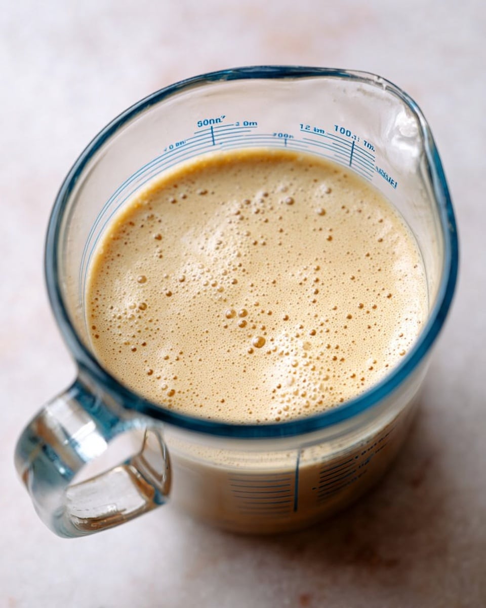 A clear glass measuring cup filled with a light tan, creamy liquid that has small bubbles on the surface, showing a smooth and slightly foamy texture. The measuring cup has blue measurement markings and is placed on a white marbled texture surface. The cup is shown from a slightly top-down angle, displaying the liquid’s consistency clearly. photo taken with an iphone --ar 4:5 --v 7