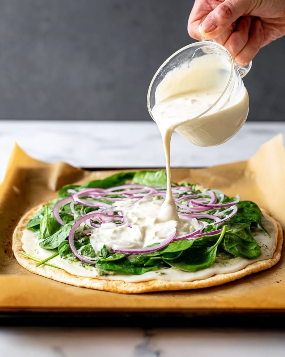A round pizza cut into six slices sits on a white marbled surface, with a thin light brown crust that has a slightly crispy edge. The first layer is a creamy white sauce, spread evenly across the base. On top, there are thin green spinach leaves and slices of purple onion scattered around, giving pops of color. Over these, light brown and golden melted cheese layers cover the entire pizza, with a light sprinkling of reddish spices that add texture and depth. The pizza has a rustic, appetizing look with some melted and browned spots on the cheese, emphasizing its baked texture. Photo taken with an iphone --ar 4:5 --v 7