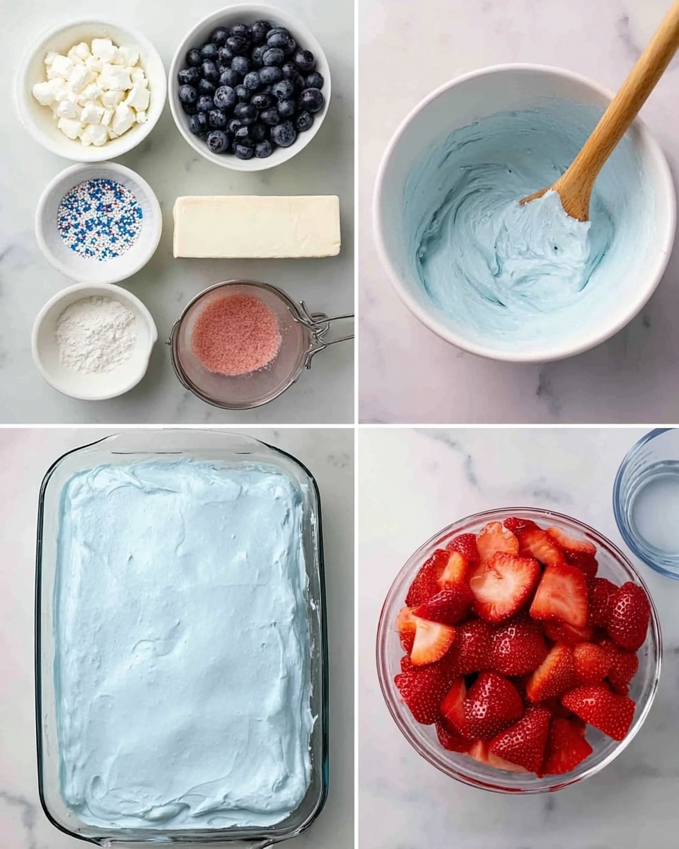 The image shows several smaller pictures arranged in a collage on a white marbled surface. The top-left picture has five small white bowls containing ingredients: dark blueberries, clear liquid, blue sprinkles, white sugar, and solid white cream. The top-right picture shows a white bowl filled with pale blue batter being stirred with a wooden spoon held by a woman's hand. Below, the middle image displays a clear rectangular baking dish with a smooth layer of light blue batter spread evenly inside. The bottom-left picture shows a clear measuring cup with a pink powder next to a small white bowl with clear liquid. Finally, the bottom-right picture features a white bowl filled with sliced red strawberries. Photo taken with an iphone --ar 4:5 --v 7