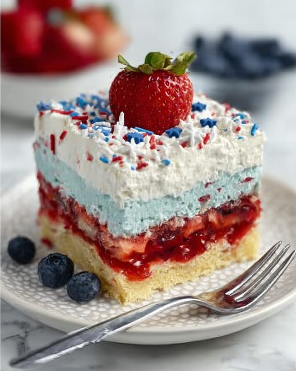 This dessert is a square slice with four clear layers on a white plate placed on a white marbled surface. The bottom layer is a light yellow cake with colorful sprinkles mixed inside, topped by a thick, smooth light blue layer of mousse or cream. Above that is a thick, glossy red layer made of jelly with visible chunks of strawberries embedded within. The top layer is a fluffy white whipped cream covered with small red, blue, and white sprinkles. A fork rests on the plate next to the dessert, and in the background, there are clear and white bowls filled with fresh strawberries and blueberries. The photo taken with an iphone --ar 4:5 --v 7