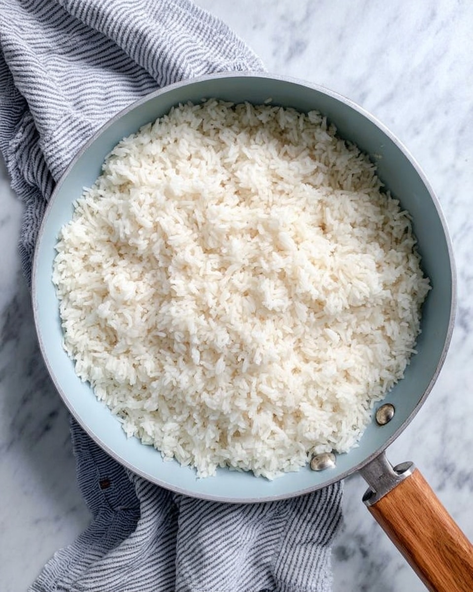 A light blue pan with a wooden handle is filled with evenly cooked white rice, the grains fluffy and separate, covering the entire surface of the pan. The pan rests on a white marbled surface next to a soft gray and white striped cloth. The rice has a soft, slightly glossy texture and looks fresh and warm. photo taken with an iphone --ar 4:5 --v 7