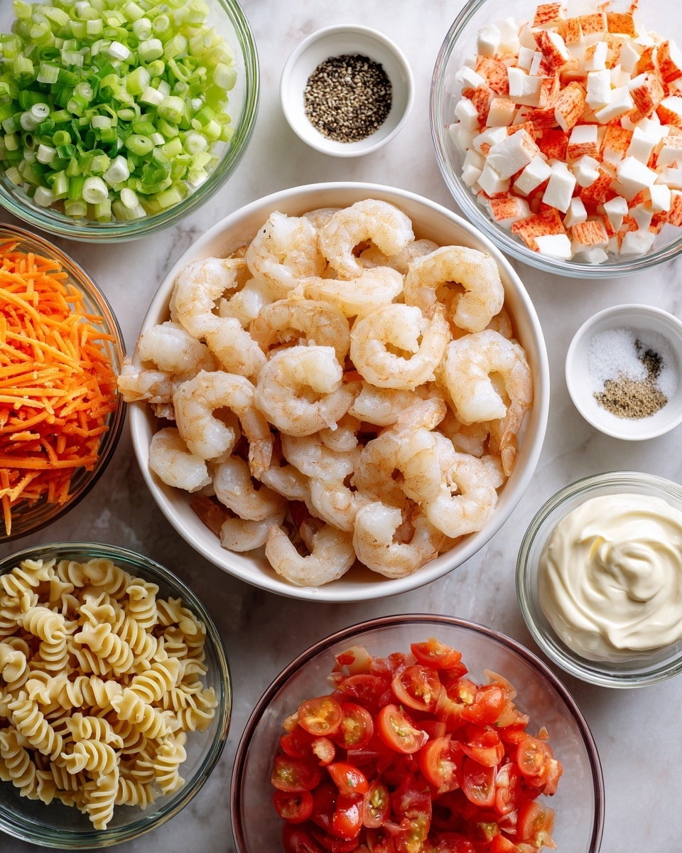 This image shows an overhead view of several white bowls and clear glass bowls arranged on a white marbled surface. At the center is a medium white bowl filled with peeled shrimp, pale pink and curled. Above it is a larger white bowl filled with uncooked shell pasta in a light beige color. To the top right, a clear glass bowl holds red and white crab sticks chopped into small pieces. Nearby is a white bowl with light green sliced celery. There is also a clear bowl of bright red chopped tomatoes. On the left, a white bowl contains finely chopped green onions, and above it another white bowl holds shredded bright orange carrots. Three smaller bowls near the bottom hold creamy white mayonnaise, yogurt or sour cream, and a sauce with a light brown shade. A small white bowl contains black pepper and salt granules. The bowls are neatly arranged, showing a variety of fresh and prepared ingredients. photo taken with an iphone --ar 4:5 --v 7