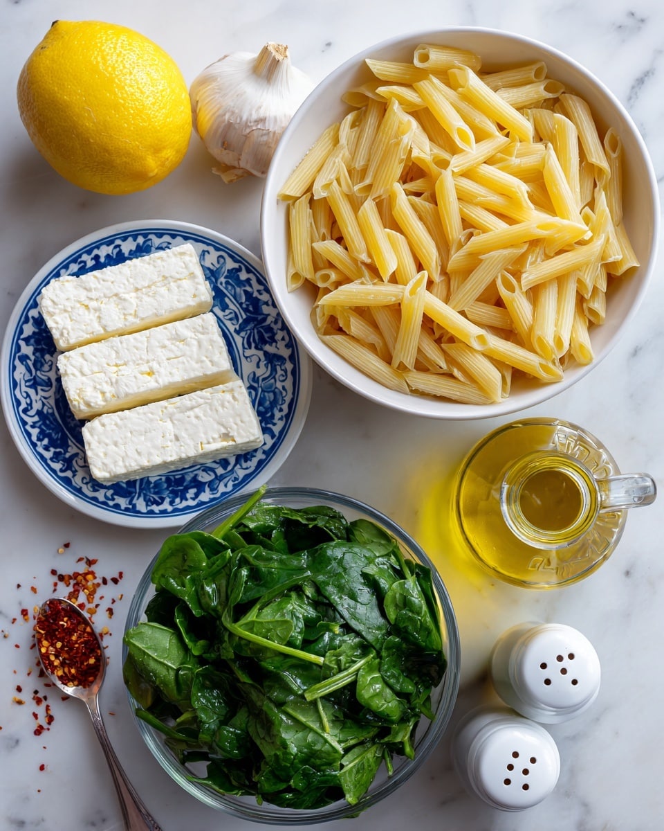 The image shows ingredients for a pasta dish arranged on a white marbled surface. In the center, there is a bowl with light yellow dry penne pasta. To the bottom right, a clear glass measuring cup holds fresh dark green spinach leaves. Below the pasta bowl on the left side, two white blocks of feta cheese sit on a small white dish decorated with blue patterns. Above the pasta on the right side, there is a clear glass bottle with yellow olive oil. Next to it, white salt and pepper shakers stand side by side. To the left of the olive oil bottle, a whole lemon with bright yellow skin rests near a white garlic bulb. At the bottom left, a small spoon with red chili flakes lies on the marbled surface. photo taken with an iphone --ar 4:5 --v 7