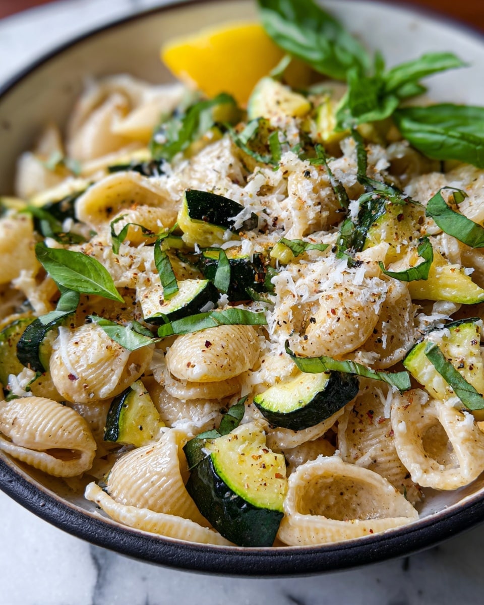 The dish is in a white bowl with a dark rim, sitting on a white marbled surface. The base layer is light beige shell pasta, looking soft and mixed together. Scattered on top are chunky pieces of cooked green zucchini with dark green skin and light yellow inside. Fresh green basil leaves are tossed throughout, adding bright color. There is grated white cheese sprinkled over everything, and a sprinkle of black pepper. A small lemon wedge with a yellow color sits on the top edge, with a few large basil leaves near it. The colors are fresh and natural, with a close-up view showing detail in the textures. Photo taken with an iphone --ar 4:5 --v 7